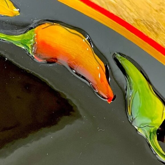 CLAY ART Jalapeño PLATE Hot Pepper Black orange yellow green fiesta 1” d x 8” sq - Picture 4 of 13